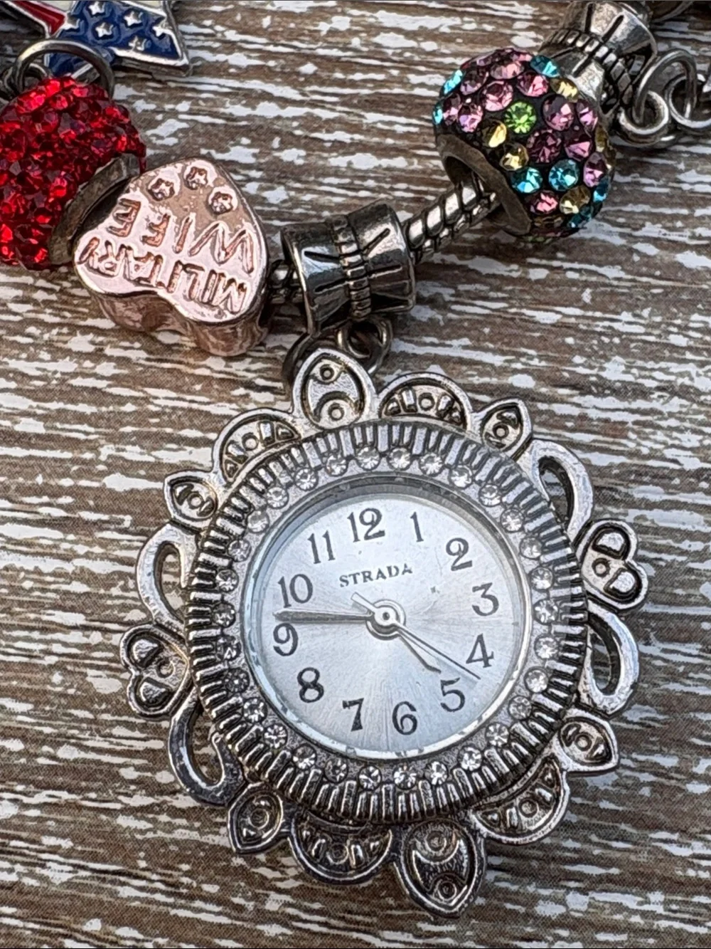 Silver-Tone Patriotic Charm Bracelet strada Watch with Red & Blue Accents